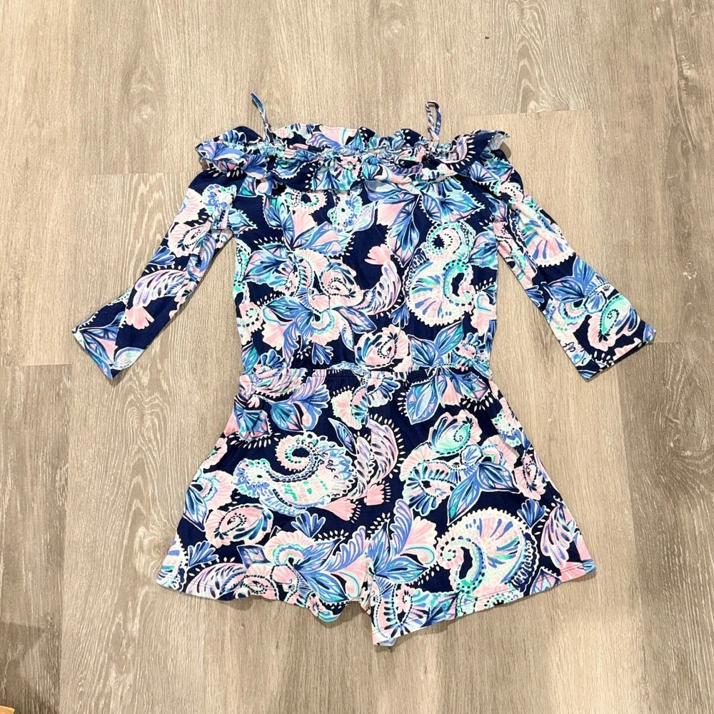 Lilly Pulitzer Girls XXL 16 Romper Navy Pink Floral Paisley Ruffle Off Shoulder